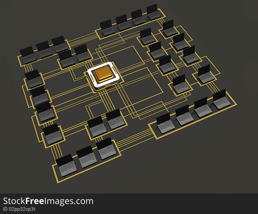 Black 3d notebooks and processor on black reflective background. Black 3d notebooks and processor on black reflective background.