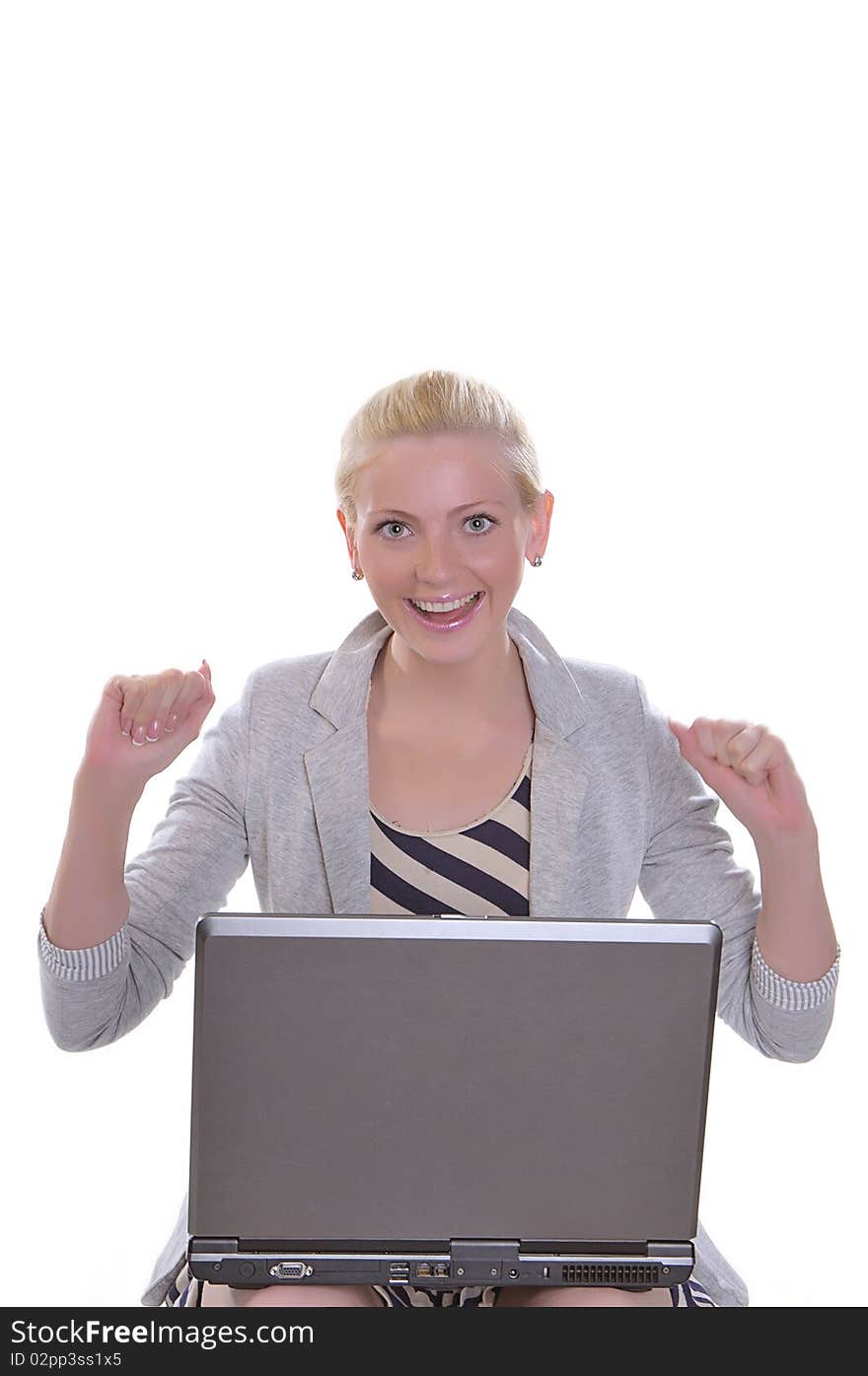 A young lady with a computer on white background. A young lady with a computer on white background.