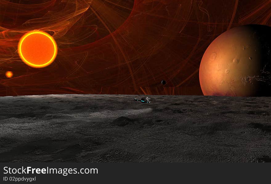 Space scene of surface of planet with spaceship