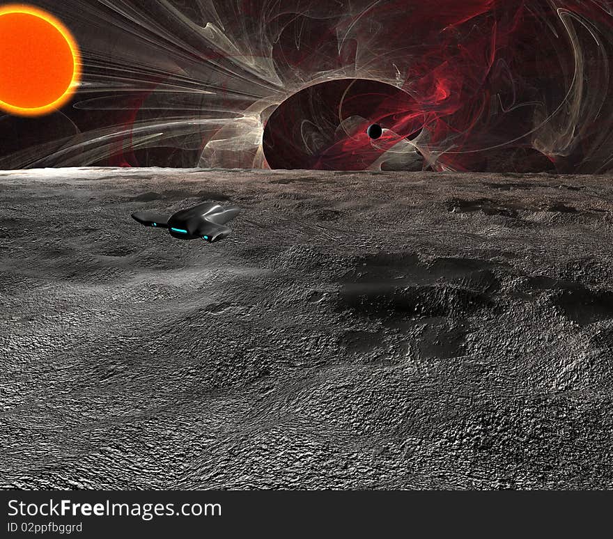 Space scene of surface of planet with spaceship