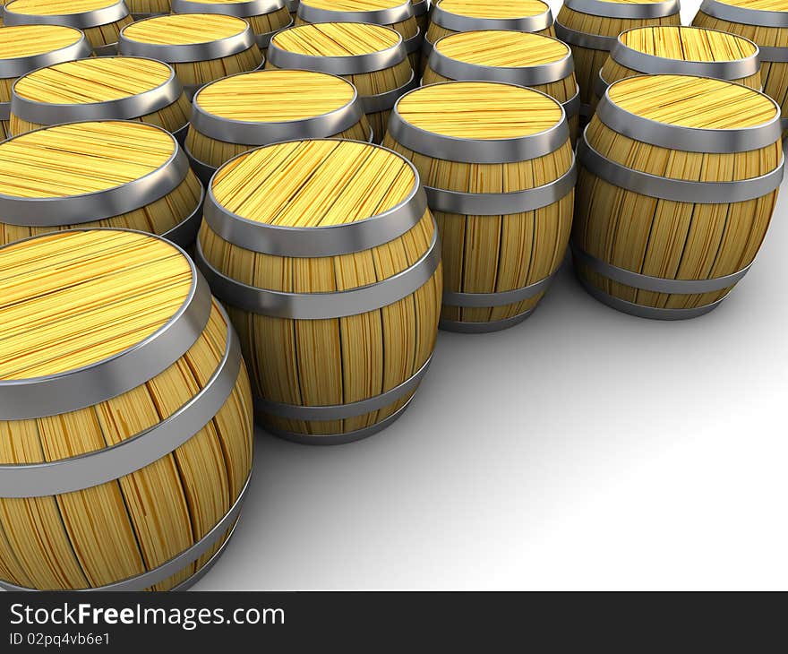 3d illustration of barrels group over white background. 3d illustration of barrels group over white background