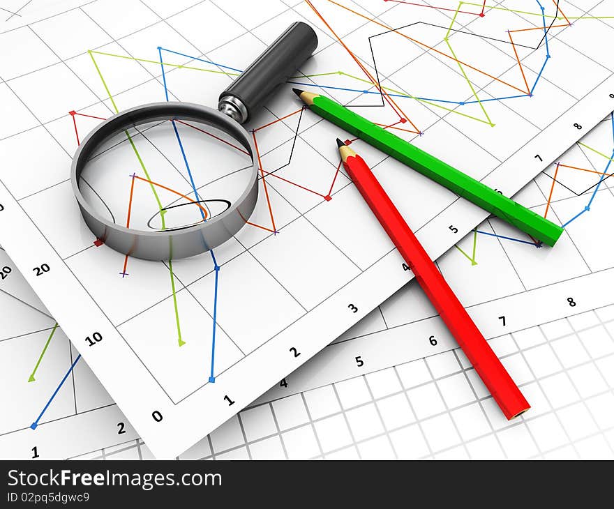 3d illustration of business diagrams and magnify glass