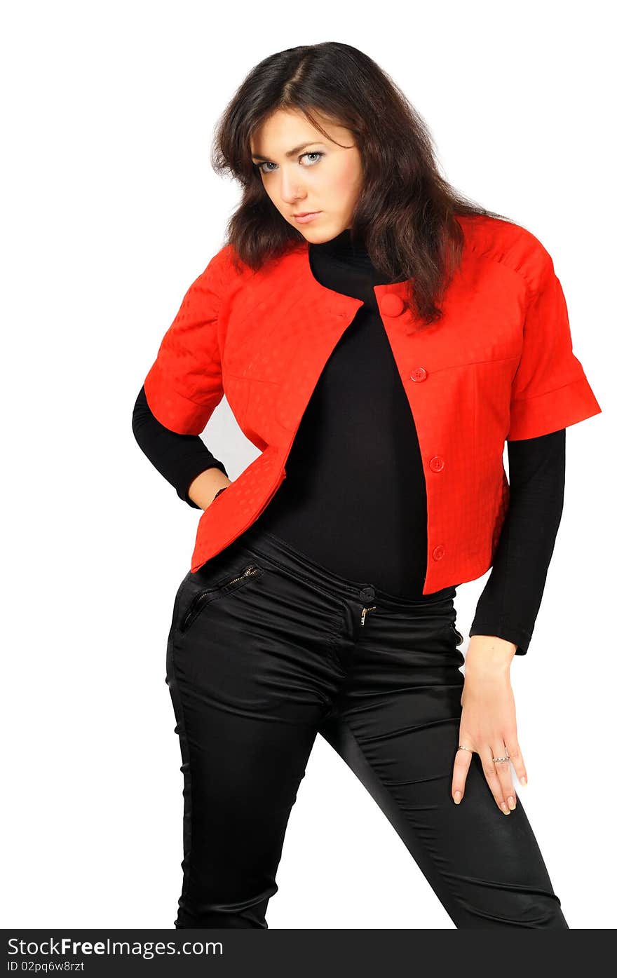 Beautiful posing young girl in red-black clothes, isolated on white