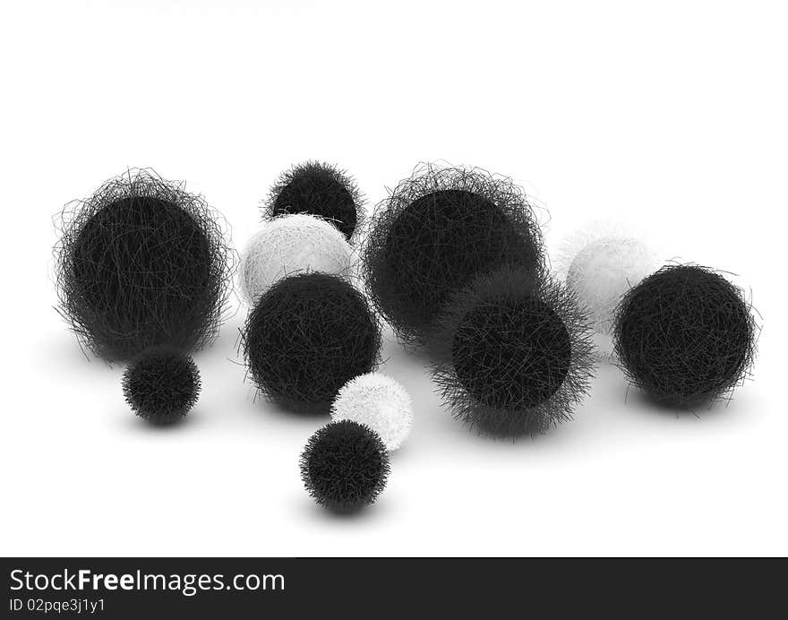 3d black and white fur balls