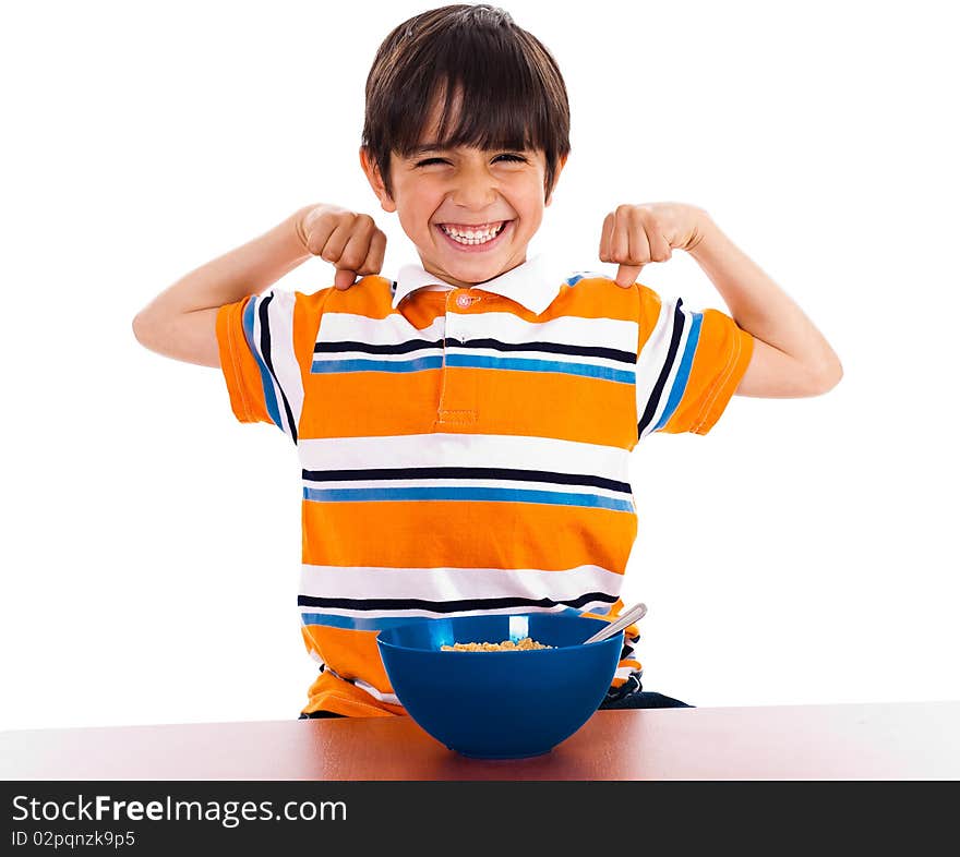 Young boy showing his strength by raising his arms on isolated white background. Young boy showing his strength by raising his arms on isolated white background