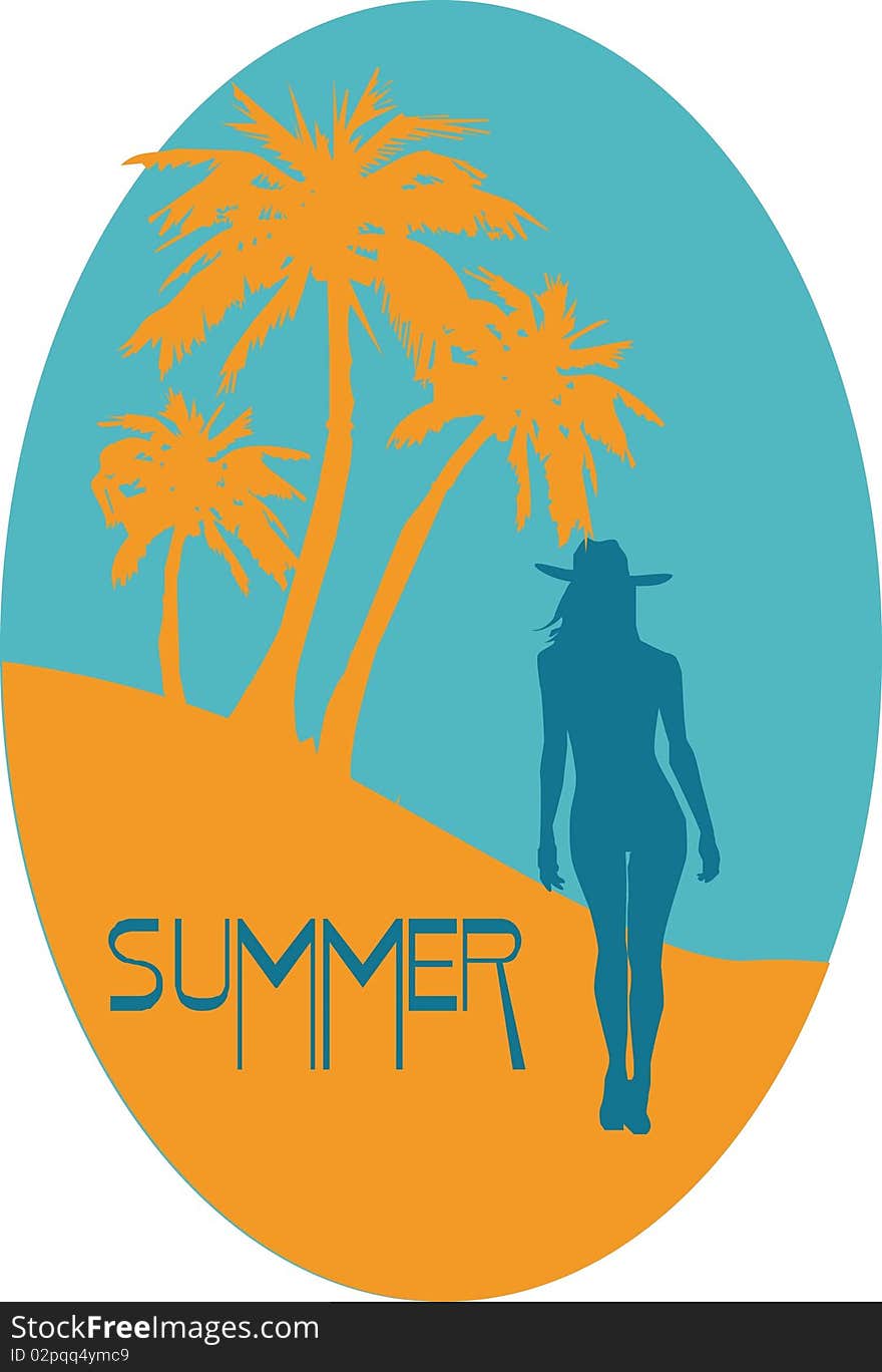 Vector tropical background with girl and palms