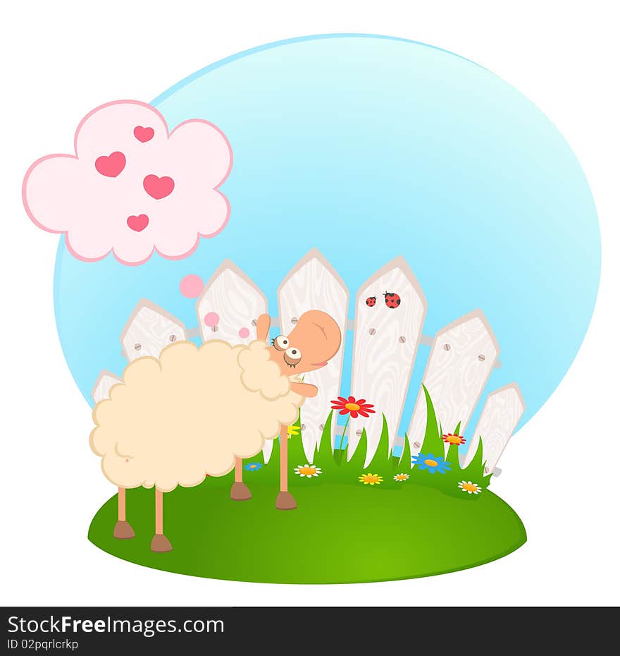 Illustration of cartoon smiling sheep in love