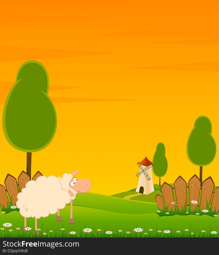 Landscape background with house and cartoon sheep. Landscape background with house and cartoon sheep