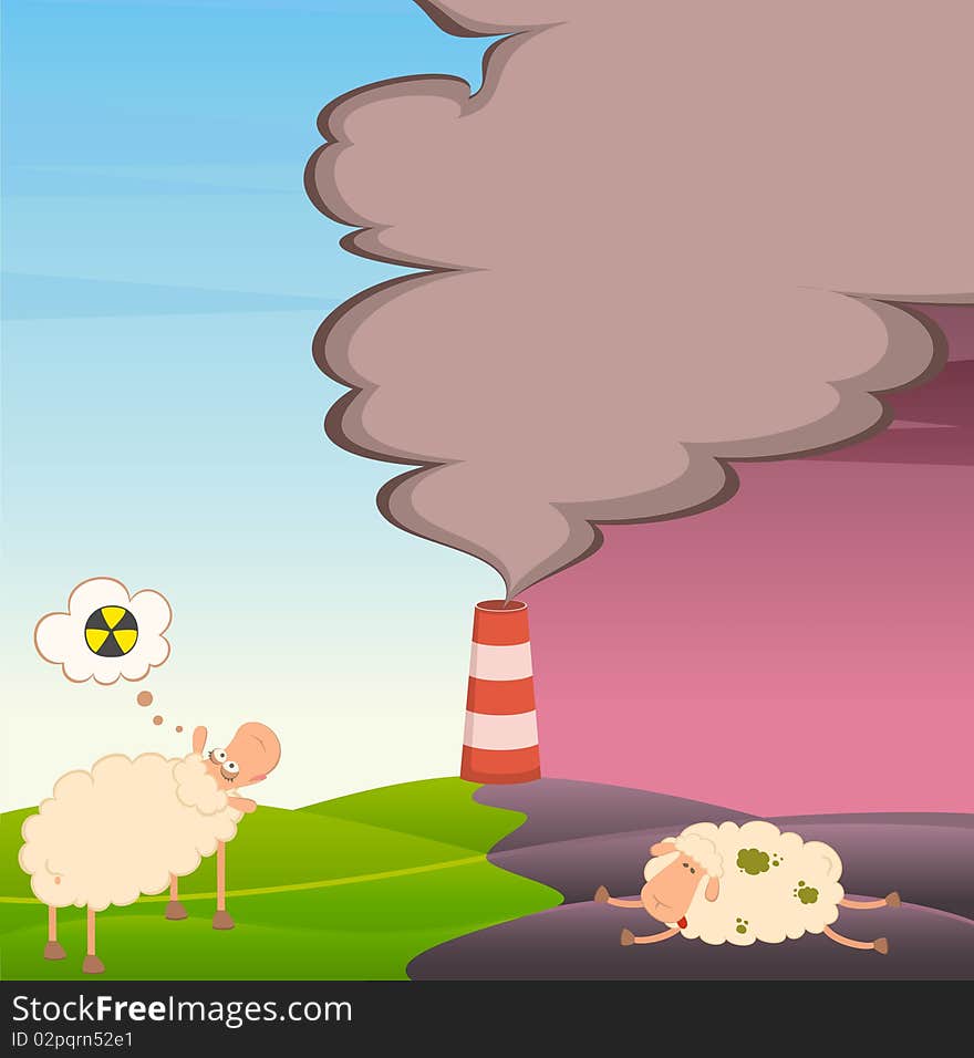 Healthy sheep looks at a dead sheep and factory is contaminated by atmosphere