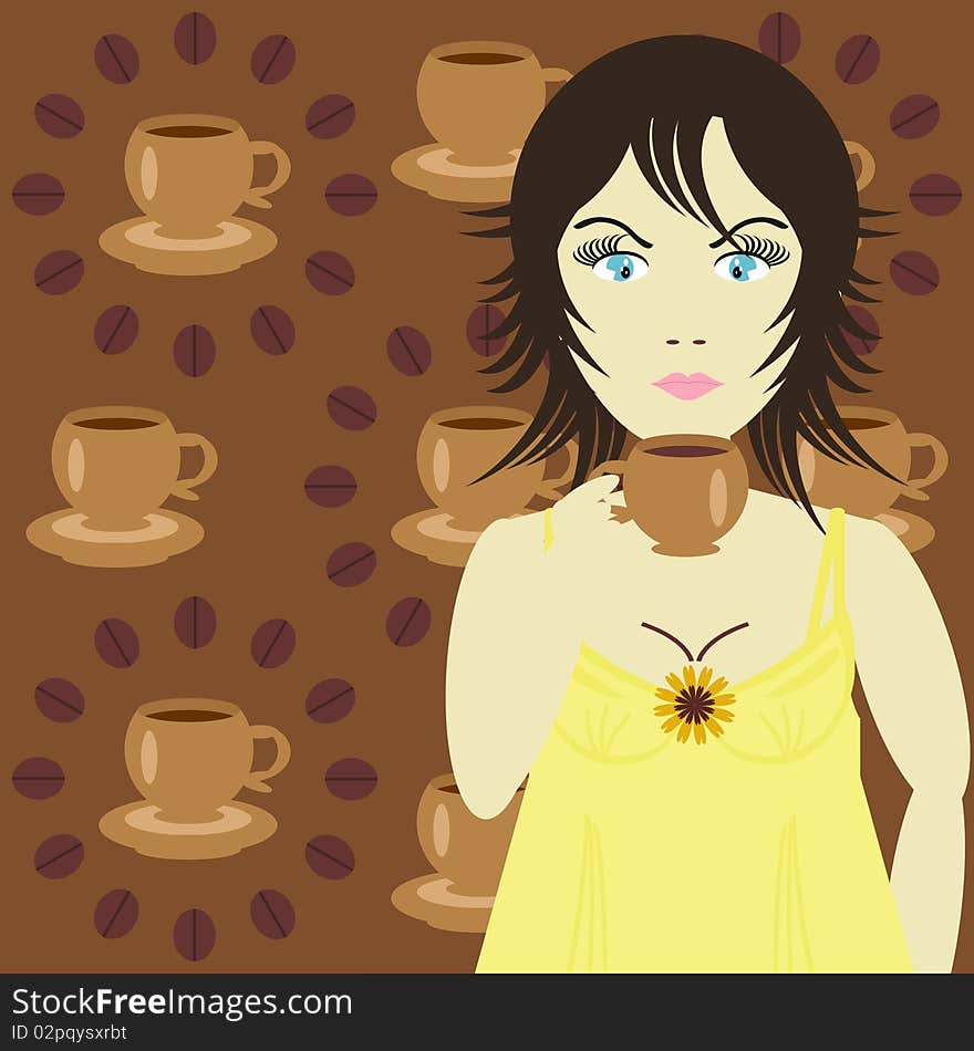 Girl with cup of tea on brown