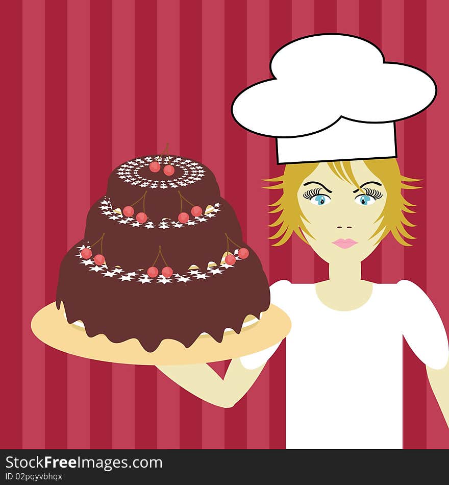 Cook with cherry and chocolate cake. Cook with cherry and chocolate cake