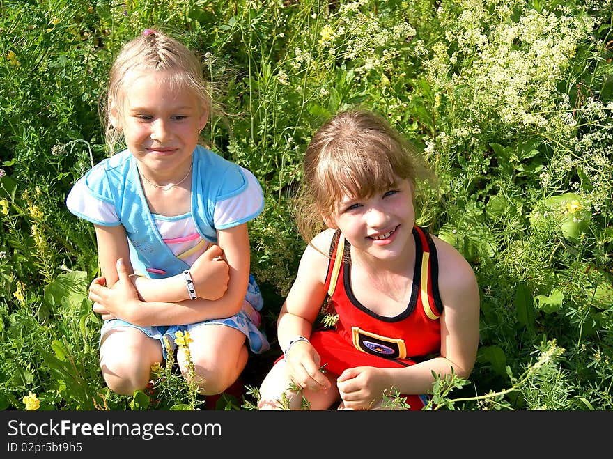 Two girl-friends sit on a green grass in the summer. Two girl-friends sit on a green grass in the summer