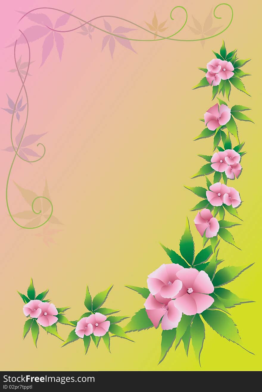 Pink flowers on a pink-yellow background with decorative curls and leaves