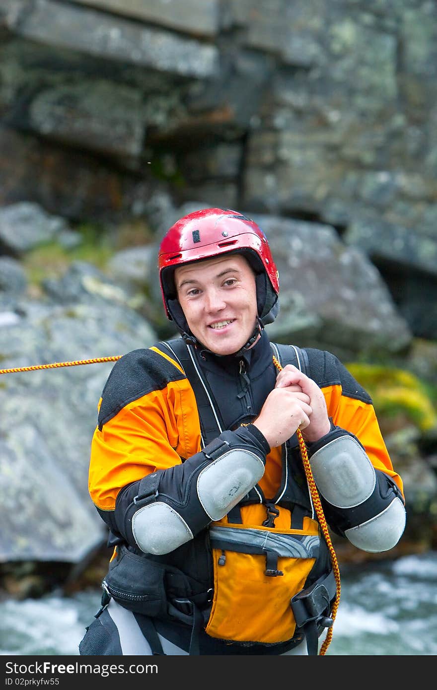 Kayaker on the riverside, Norway, summer 2010