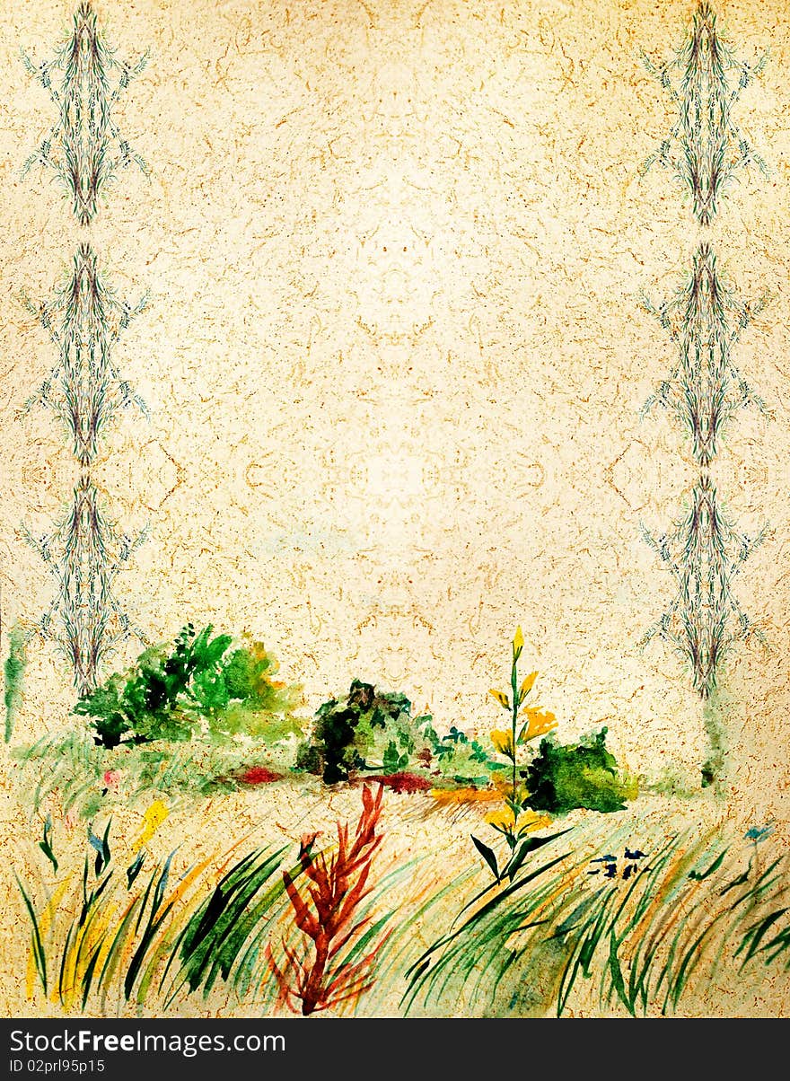 Background with plant patterns and landscape