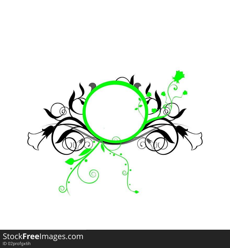 A bold green circle frame with green and black flowers patterns. A bold green circle frame with green and black flowers patterns