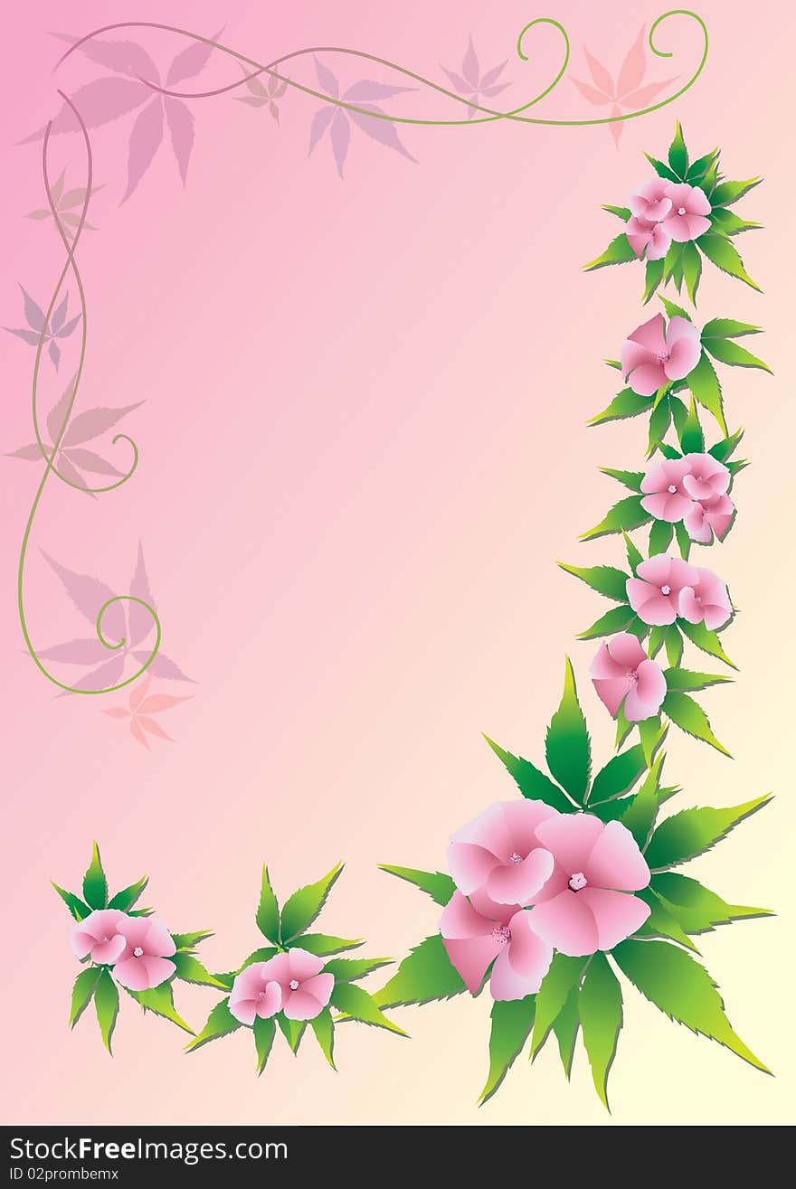 Pink flowers on a pink background with decorative curls and leaves