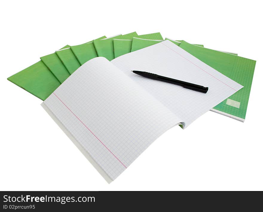 Notebook with pen on a white background