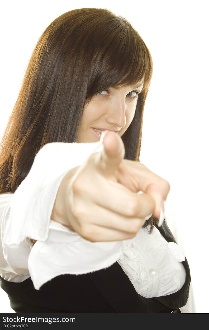 Young businesswoman on a white background. Specify finger