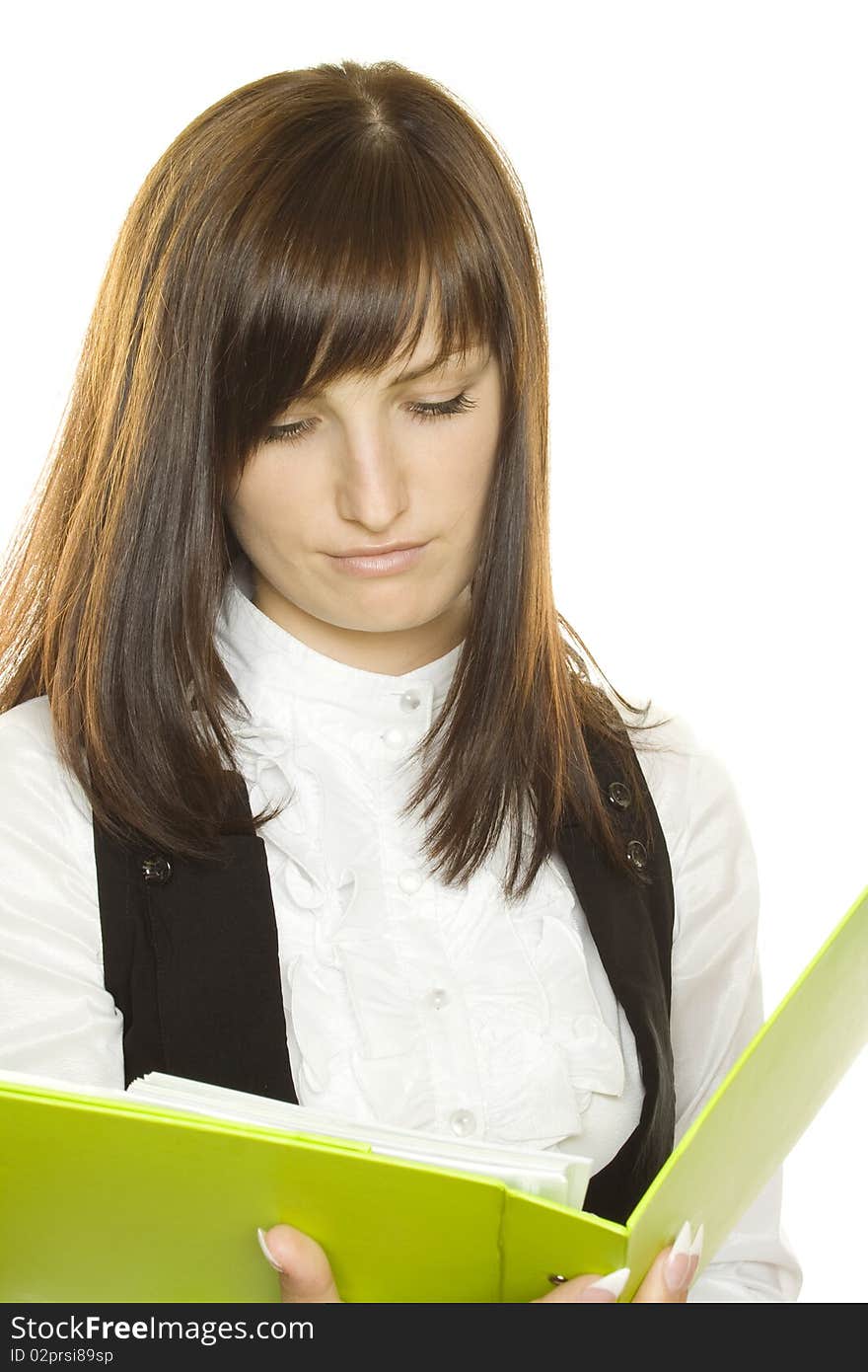 Business woman with a green folder. Reading. Business woman with a green folder. Reading.