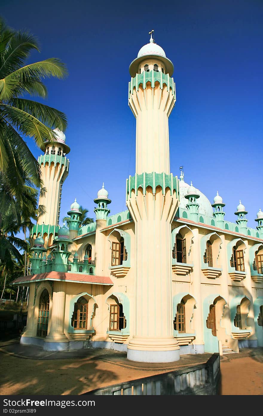 Minarets of a mosque surrounded by palm leafs