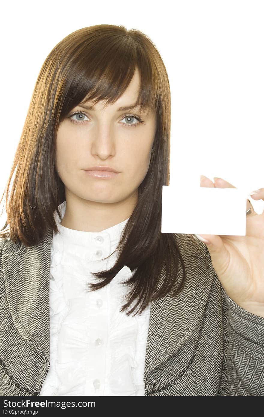 Portrait of a beautiful business woman holding a blank business card