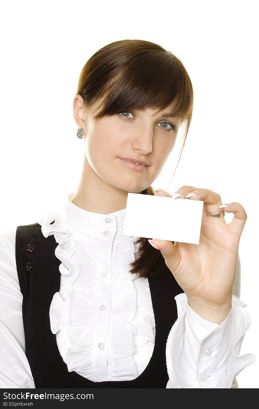 Portrait of a beautiful business woman holding a blank business card.