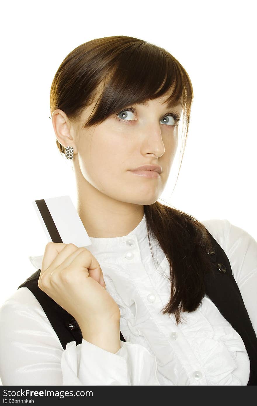 Portrait of a beautiful business woman holding a blank credit card. Portrait of a beautiful business woman holding a blank credit card.