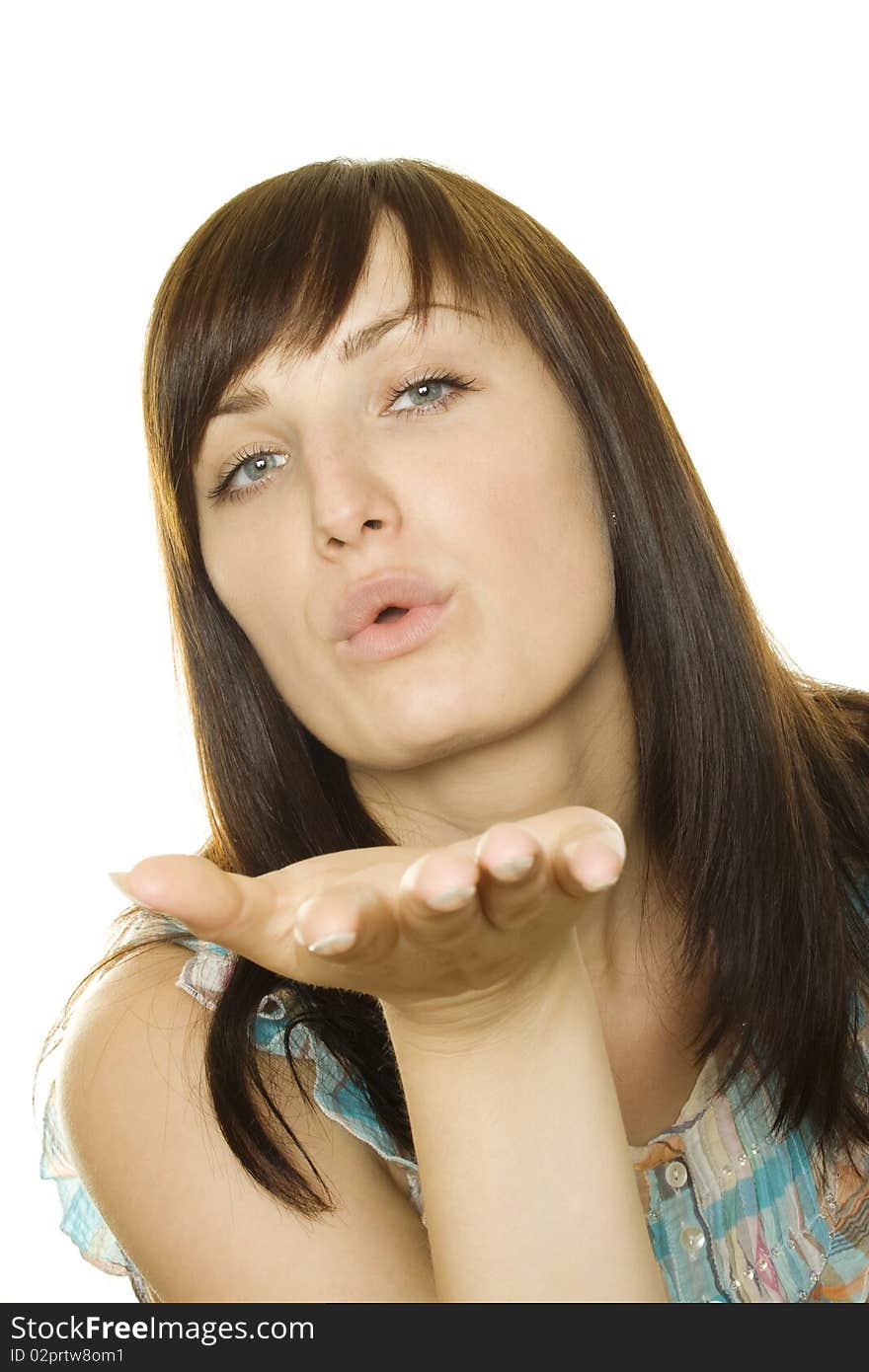 Young woman blew a kiss. Isolated on white background. Young woman blew a kiss. Isolated on white background