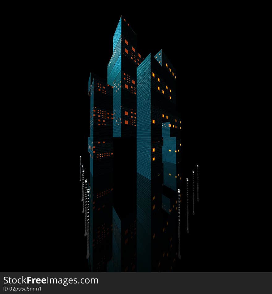 3D render of a building with a reflective ground and black background. 3D render of a building with a reflective ground and black background