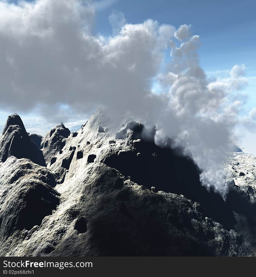 Volcanic crater with the beginning of eruption. Volcanic crater with the beginning of eruption