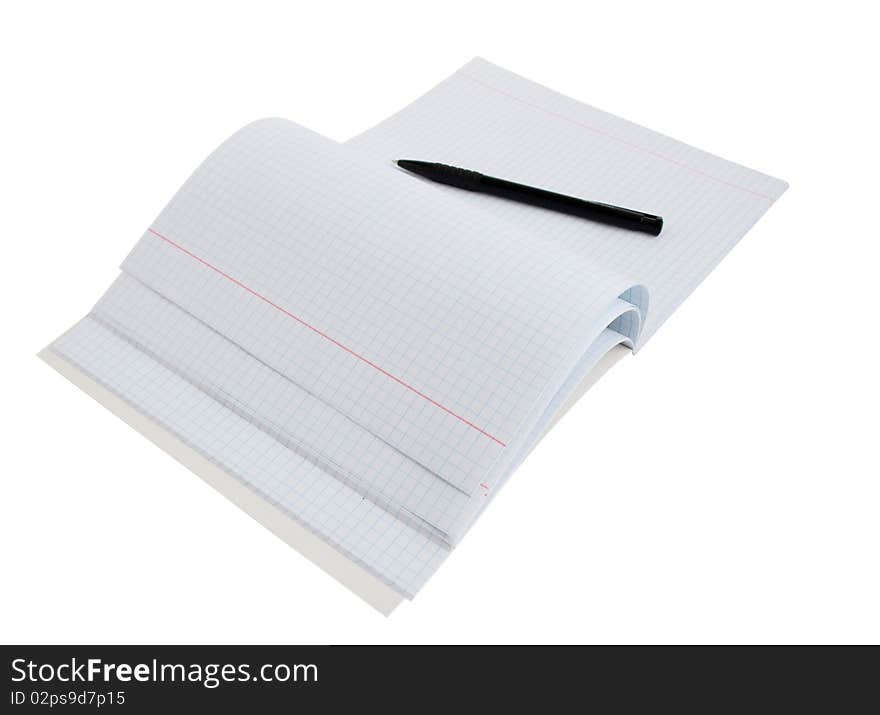 Notebook with pen on a white background