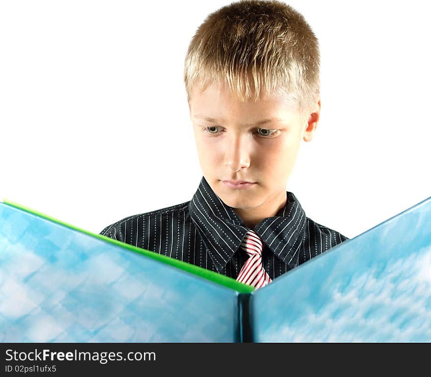 Teenager reads book. Reception of formation. Isolation on white background.