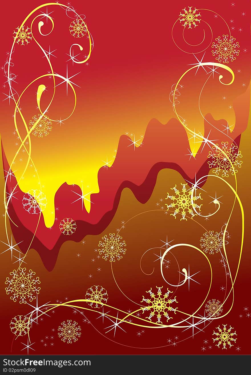 Snowflakes, decorative curls and stars on a red background. Snowflakes, decorative curls and stars on a red background