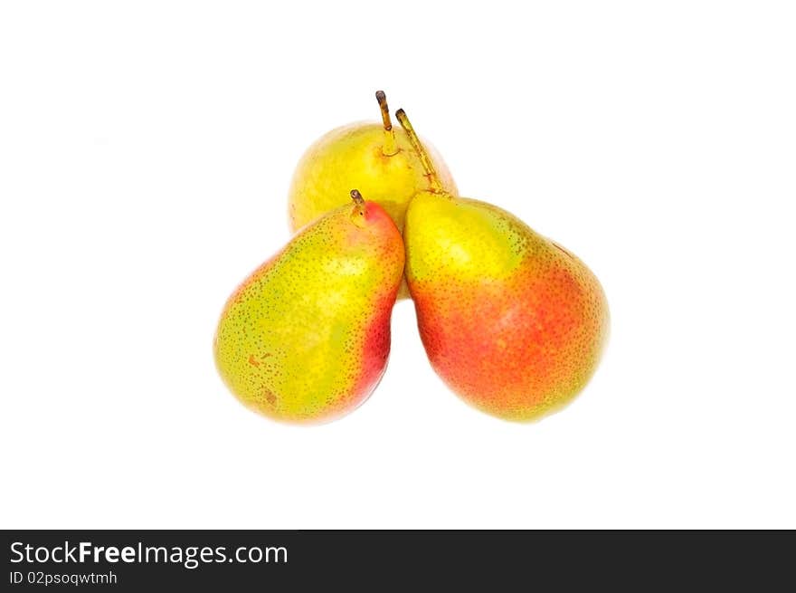 Three fresh bright red and green tasty pears isolated on white. Three fresh bright red and green tasty pears isolated on white