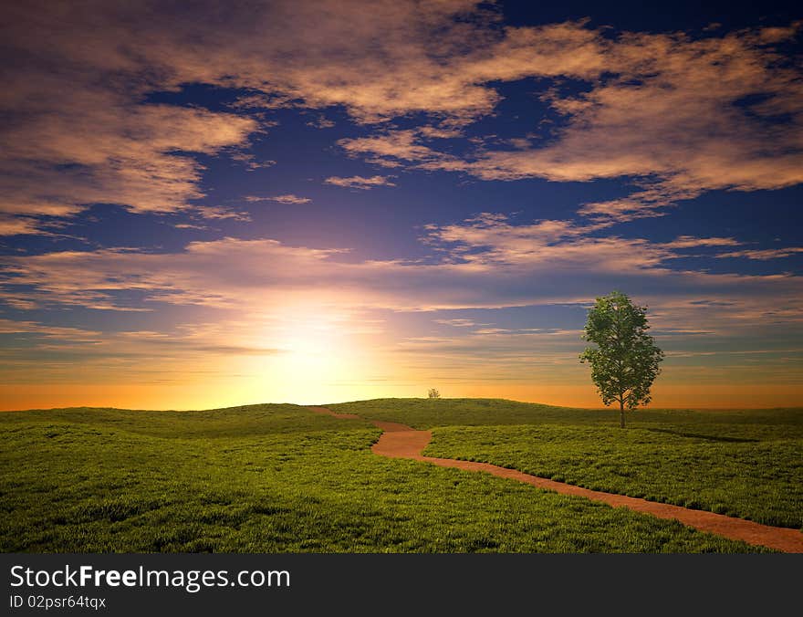 A silhouette of a tree on a green background