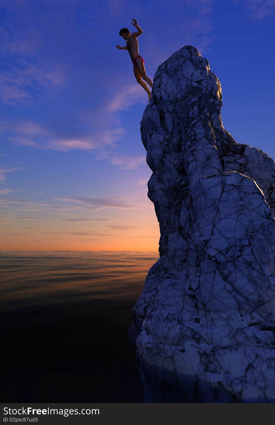 Swimmer jumping from a cliff into the sea. Swimmer jumping from a cliff into the sea