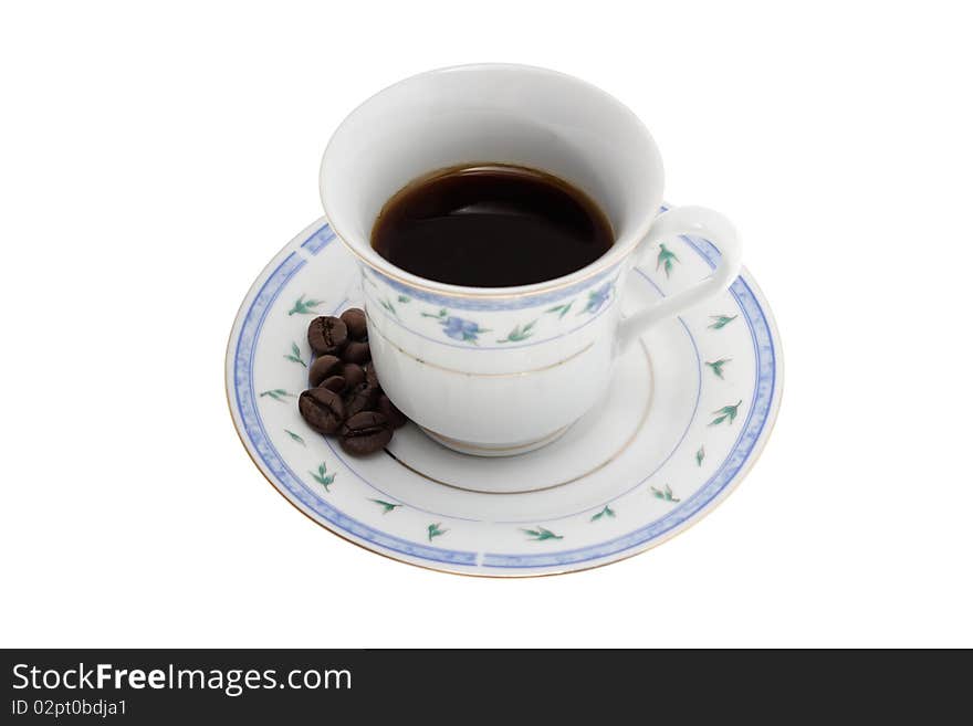 Cup of coffee with coffee beans. Isolated on white background