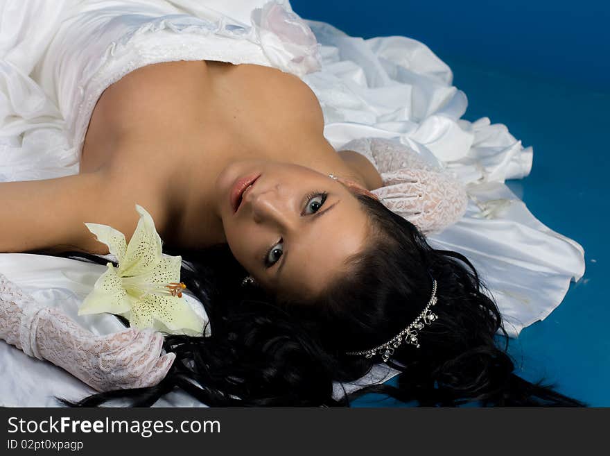 Portrait of beautiful happy bride in a wedding dress on blue background studio shot. Portrait of beautiful happy bride in a wedding dress on blue background studio shot