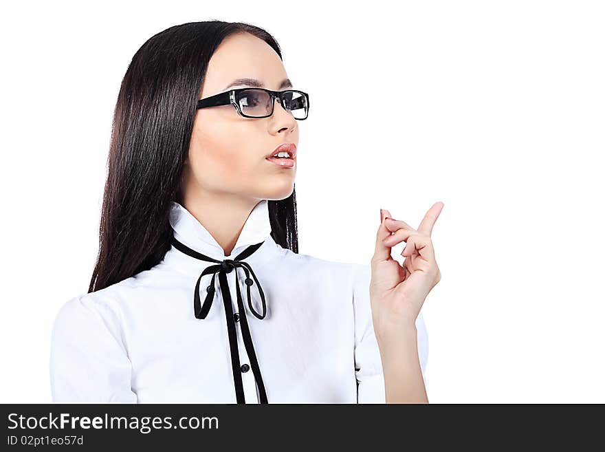 Beautiful young woman posing in business suit and glasses. Isolated over white background. Beautiful young woman posing in business suit and glasses. Isolated over white background.