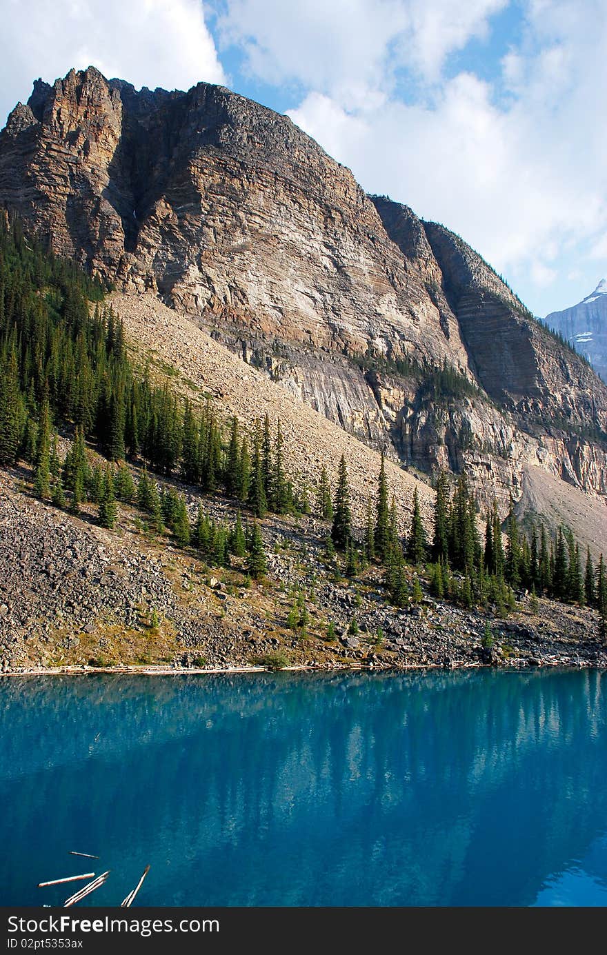 This is Beautiful Moraine Lake in The Canadian Rockies. This glacier lake gets its crystal blue water look from silt on the bottom.