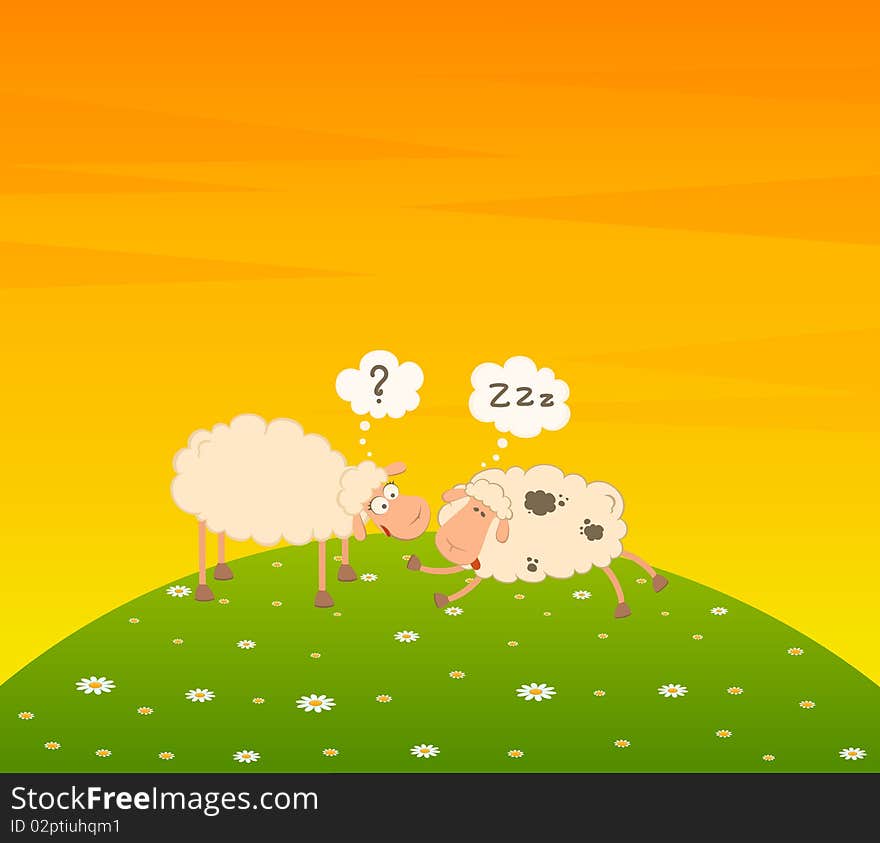 cartoon sheep sleeps on a grass for a design