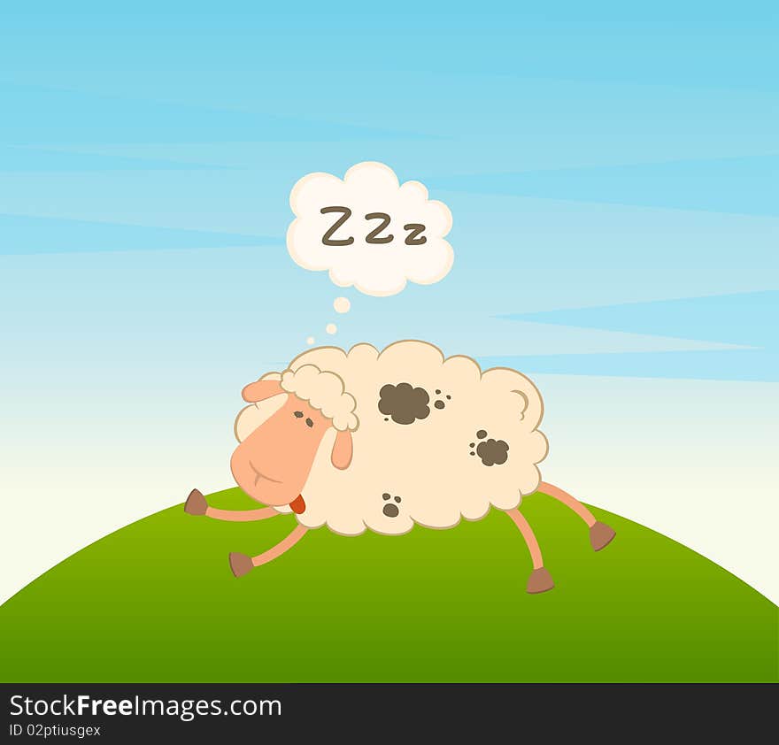 Cartoon sheep sleeps on a grass