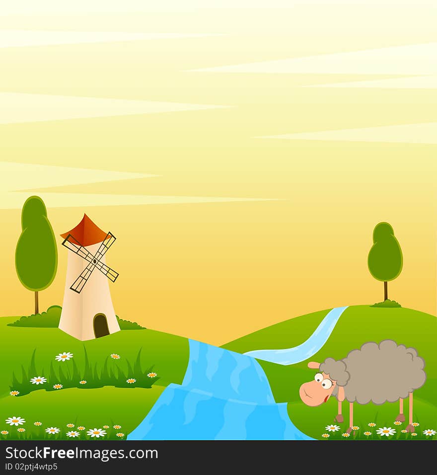 Landscape background with cartoon smiling sheep. Landscape background with cartoon smiling sheep