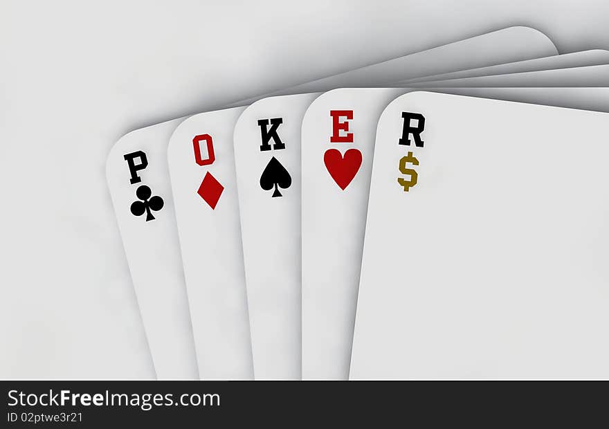 Poker Cards spelling the word Poker and a Dollar symbol, neutral background. Poker Cards spelling the word Poker and a Dollar symbol, neutral background.