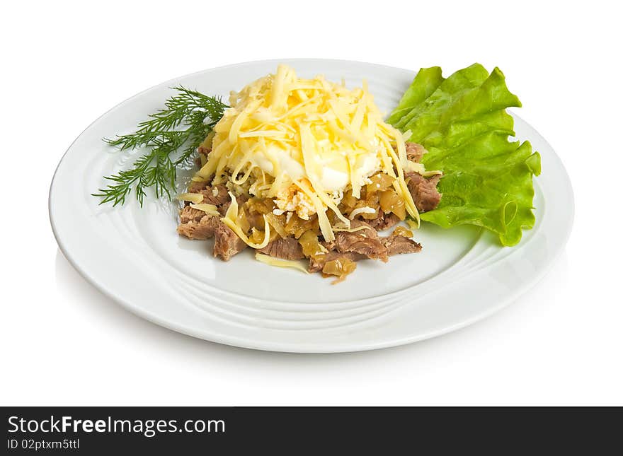 "Man power" salad with beef, fried onion, eggs and cheese