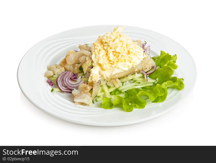 Japanese salad with zander, rice, cucumbers, onion and eggs. Isolated on white by clipping path.