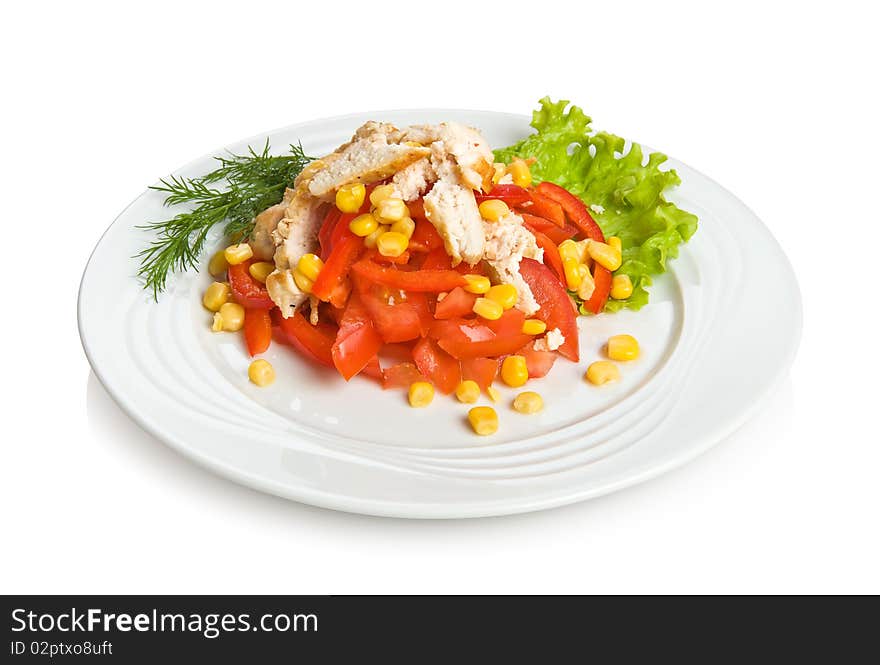 Сayenne salad with red pepper, chicken, corn and tomato.
Isolated on white by clipping path.