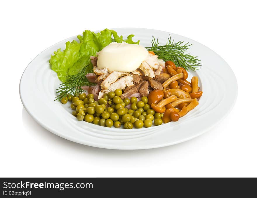 "Three knights" salad with tongue, ham and chicken.
Isolated on white by clipping path.