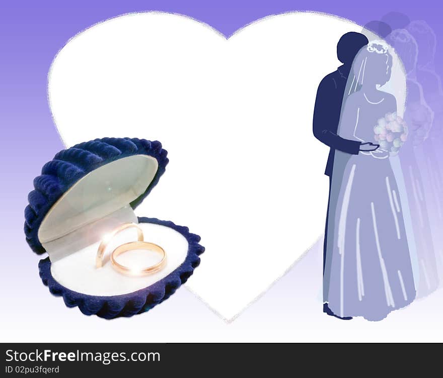 Silhouette of a newly-married couple and wedding gold rings in a case. Silhouette of a newly-married couple and wedding gold rings in a case